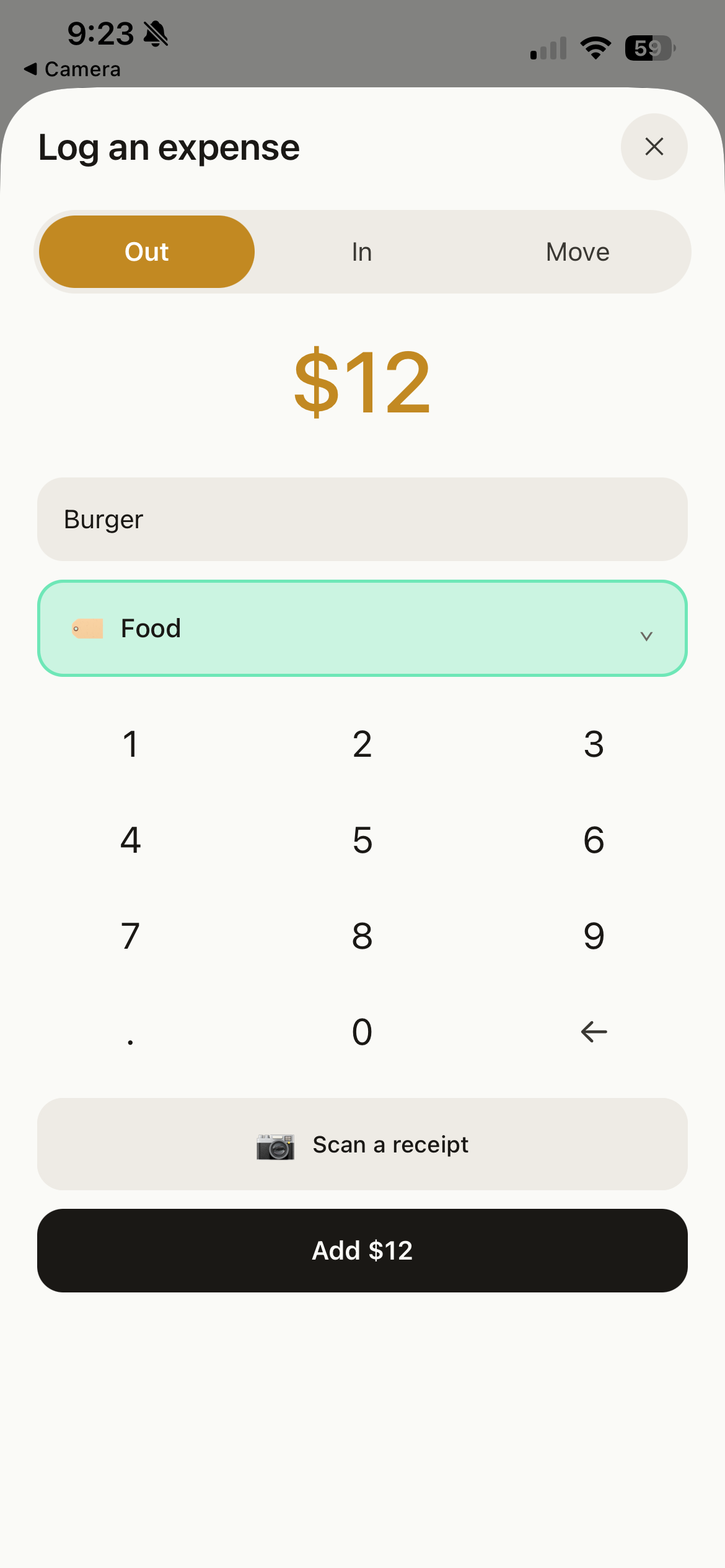 Logging a $12 burger on the keypad